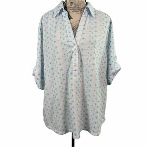 C.D. Daniels Blue & White Embroidered Front Button up Blouse Plus Size 1X